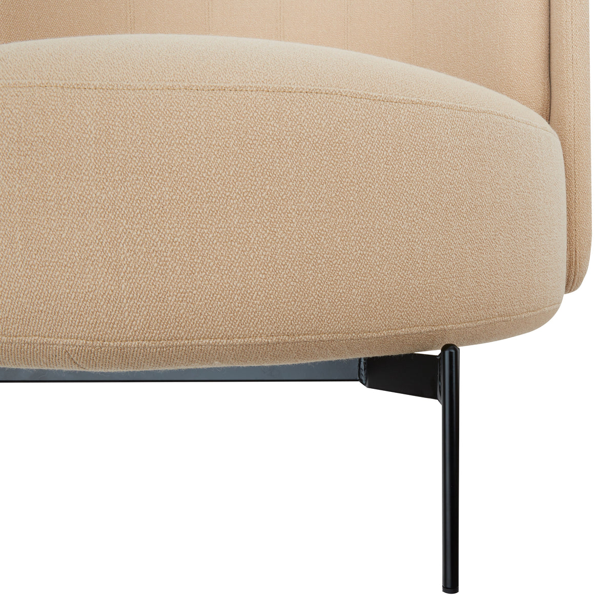 Beige textured upholstery with subtle horizontal lines and sleek black metal legs. 
