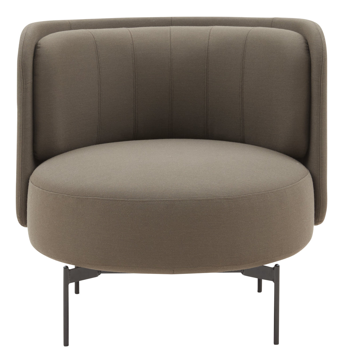 Brown fabric accent chair with vertical stitching and minimalist black metal legs. Stylish and modern design.