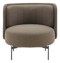 Brown fabric accent chair with vertical stitching and minimalist black metal legs. Stylish and modern design.