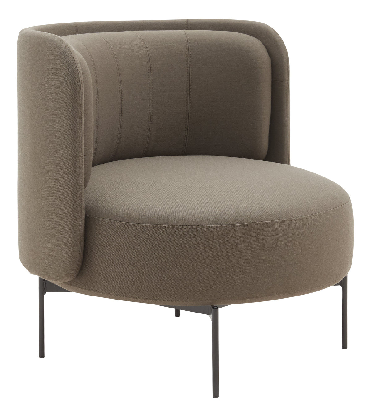 Brown fabric armchair with a smooth rounded shape and vertical stitching, set on sleek black metal legs.