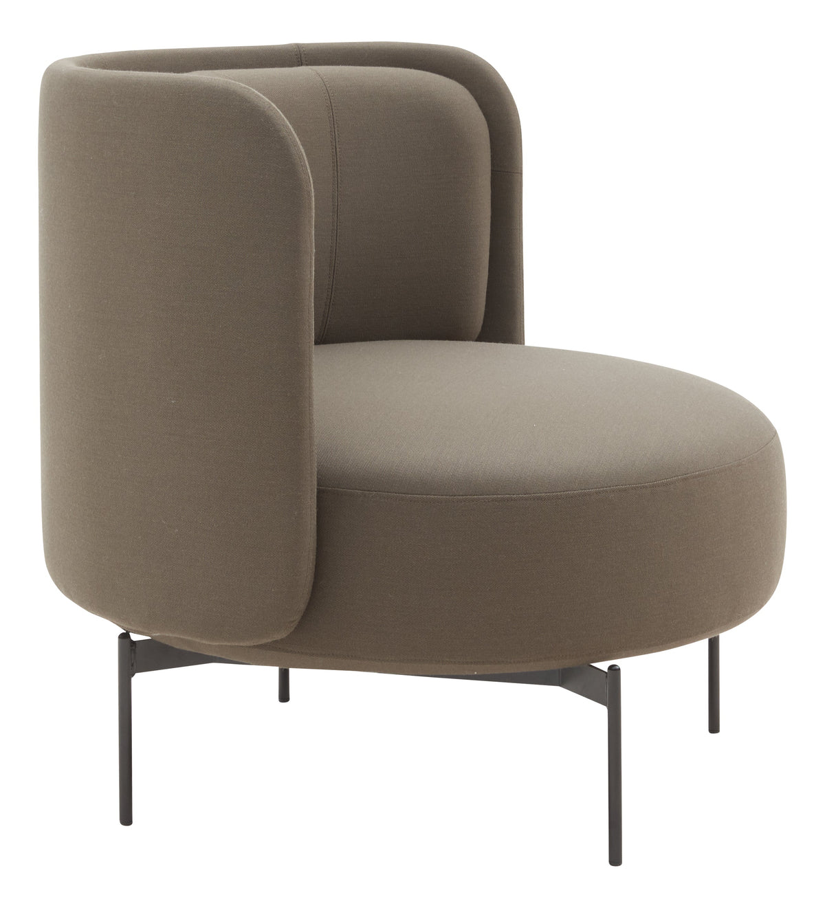 Modern brown accent chair with a rounded silhouette and subtle textured fabric, featuring sleek black metal legs.