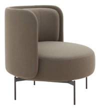 Modern brown accent chair with a rounded silhouette and subtle textured fabric, featuring sleek black metal legs.