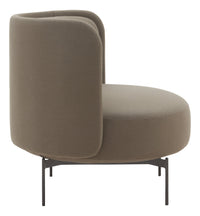 Curved grayish-brown chair with a smooth, minimal design and dark metal legs, offering a modern aesthetic.