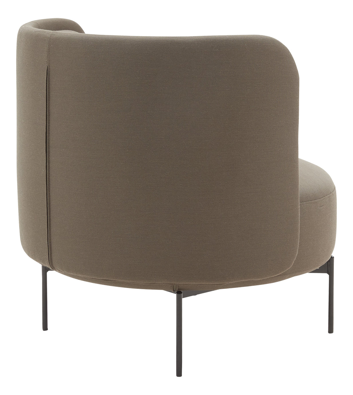 Curved brown fabric accent chair with sleek black metal legs, showcasing a minimalist and modern design.