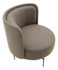 Round beige upholstered chair with smooth texture and subtle vertical stitching detail. Modern black metal legs.