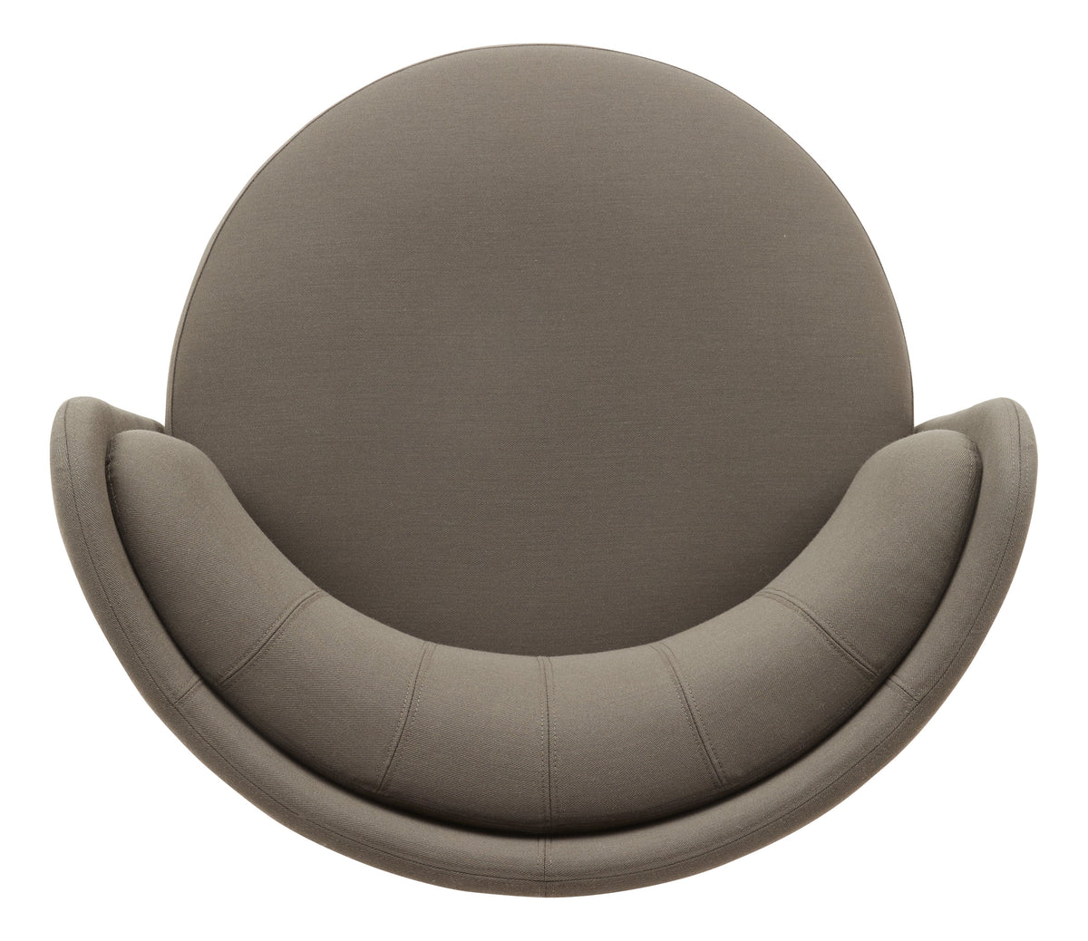 Round, taupe lounge chair with smooth fabric and curved design, perfect for modern interiors.