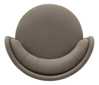 Round, taupe lounge chair with smooth fabric and curved design, perfect for modern interiors.