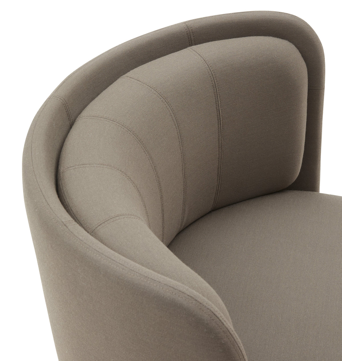Taupe fabric armchair with subtle textured stripes and a rounded backrest for modern elegance.