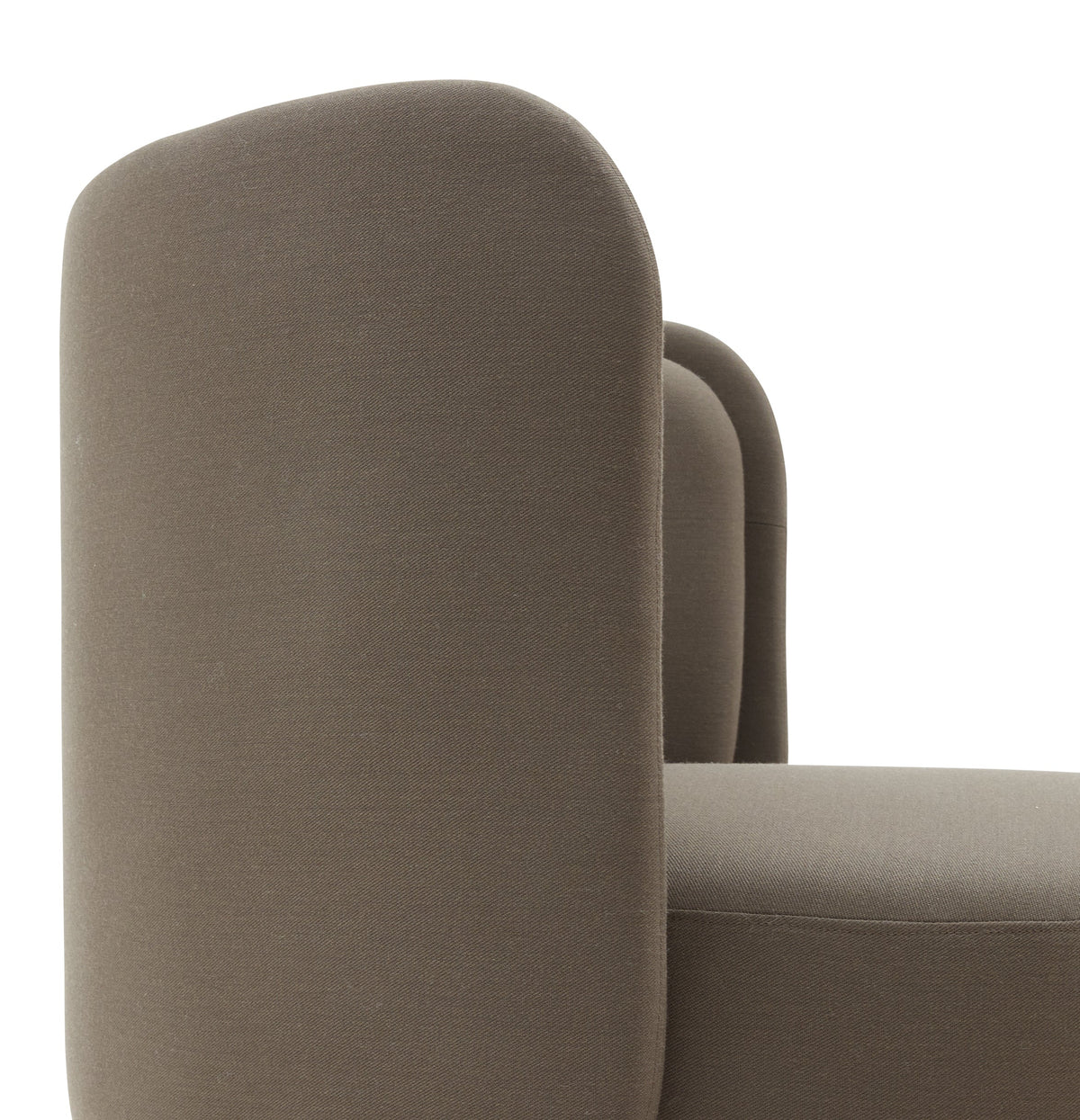 "Soft taupe chair with rounded edges and a textured fabric, perfect for modern home decor."
