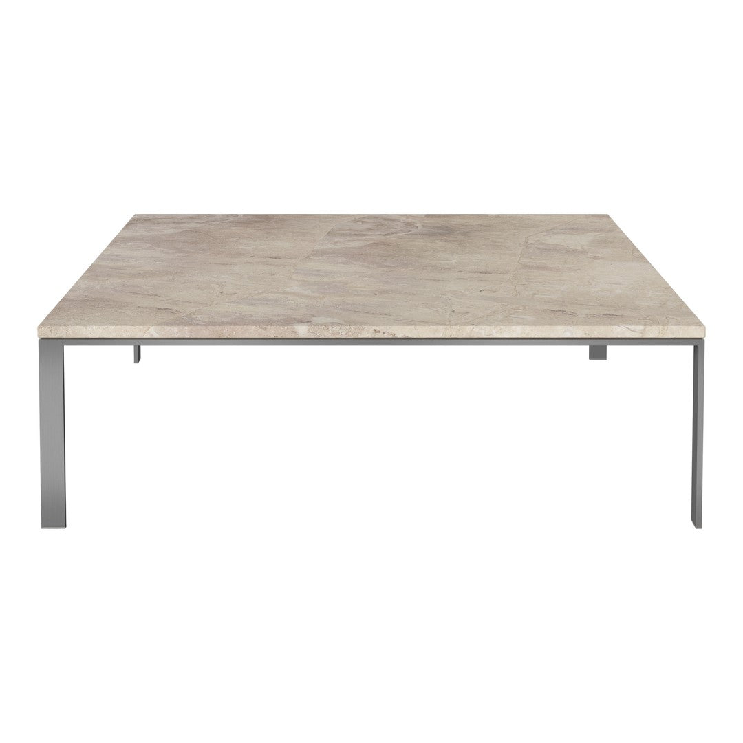 Square coffee table with a light beige stone top and sleek silver metal legs, featuring a minimalistic design.
