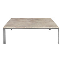 Square coffee table with a light beige stone top and sleek silver metal legs, featuring a minimalistic design.