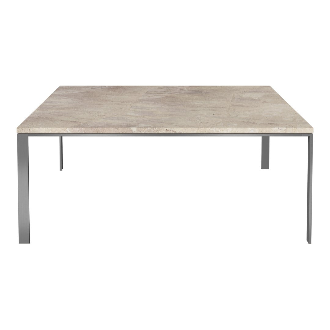 "Square dining table with a light wood grain finish and sleek metal legs, showcasing a minimalist and modern design."