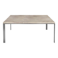 "Square dining table with a light wood grain finish and sleek metal legs, showcasing a minimalist and modern design."