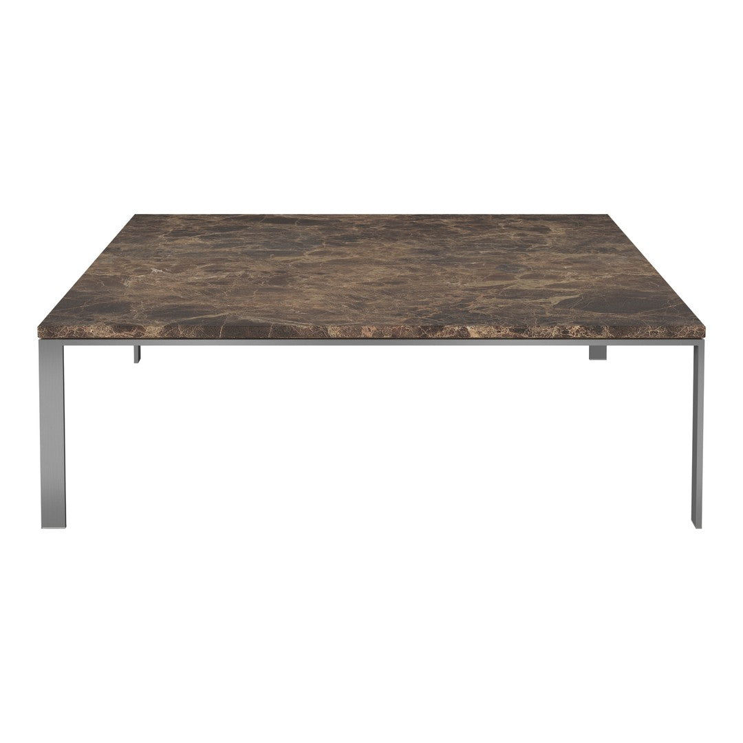 Brown marble-patterned tabletop with sleek metal legs, perfect for modern interiors.