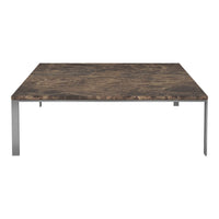 Brown marble-patterned tabletop with sleek metal legs, perfect for modern interiors.