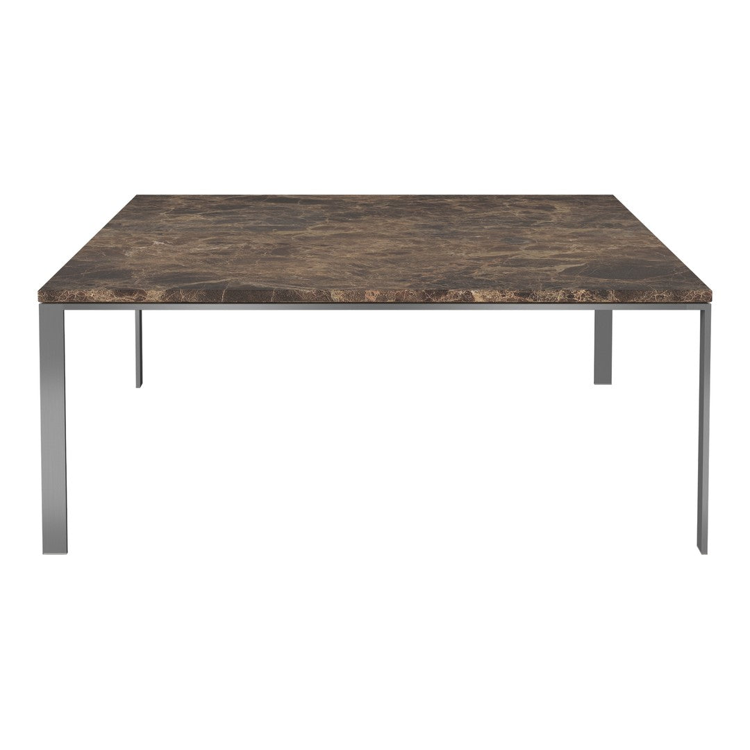 Brown marble tabletop with subtle veining, paired with sleek silver metal legs. Modern design for any decor.
