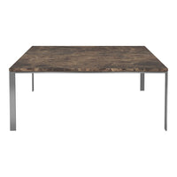 Brown marble tabletop with subtle veining, paired with sleek silver metal legs. Modern design for any decor.
