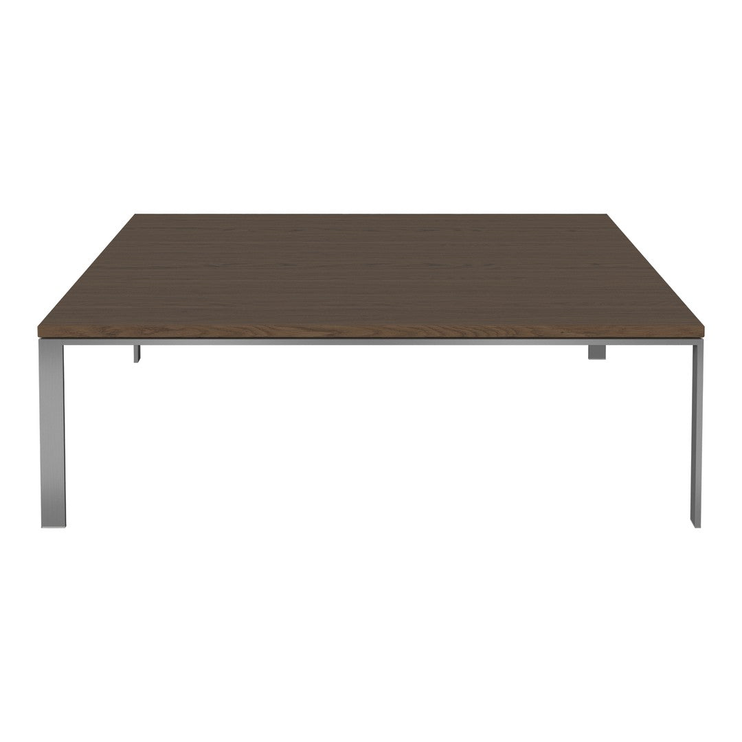 Brown rectangular table with a smooth surface and sleek silver metal legs. Modern design with minimalist charm.