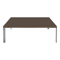 Brown rectangular table with a smooth surface and sleek silver metal legs. Modern design with minimalist charm.