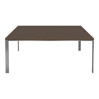 Brown wood tabletop with sleek silver metal legs, featuring a minimalist design and clean lines. Perfect for modern decor.