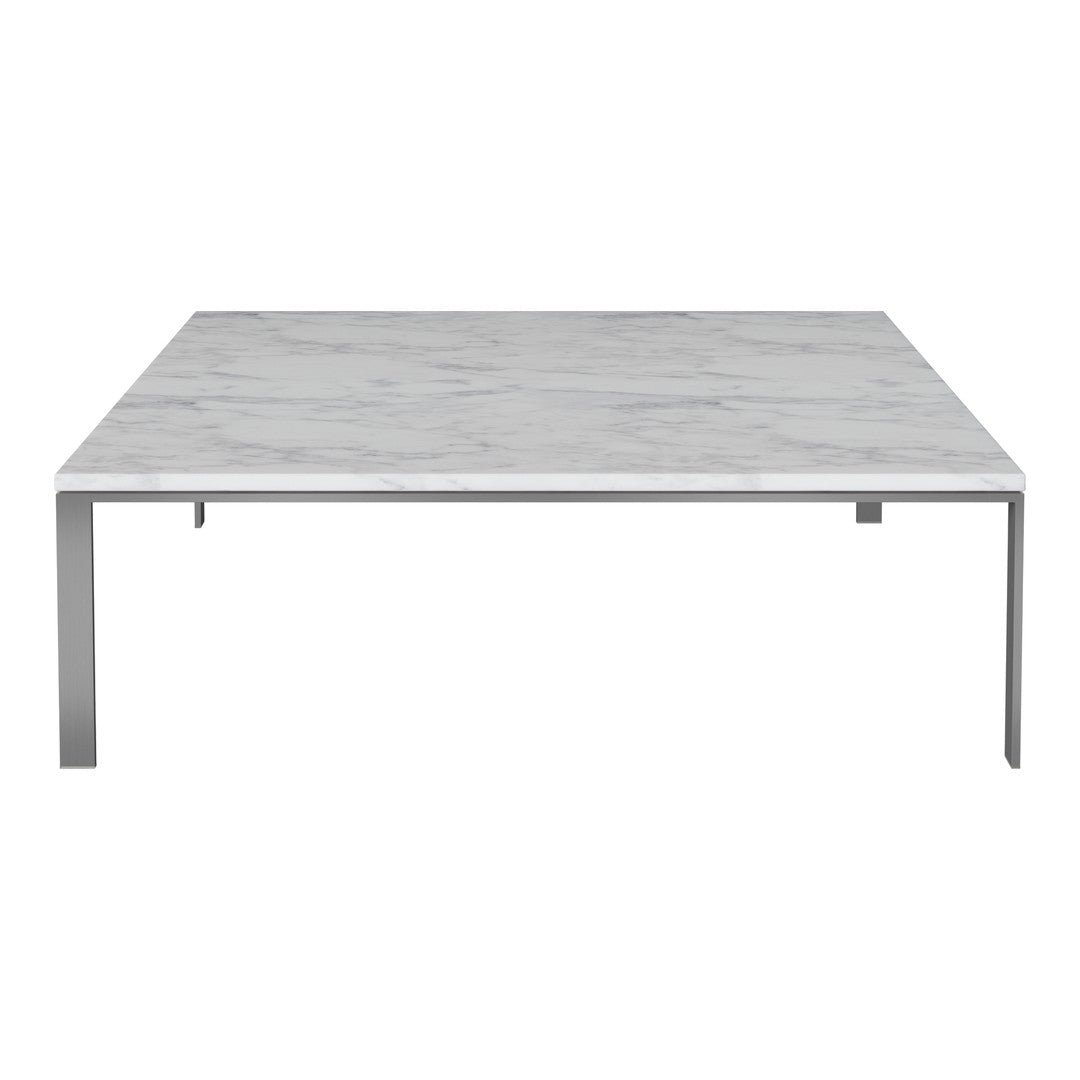 Square white marble table with subtle gray veining and sleek silver legs, featuring a modern, minimalist design.