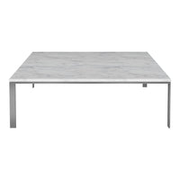 Square white marble table with subtle gray veining and sleek silver legs, featuring a modern, minimalist design.