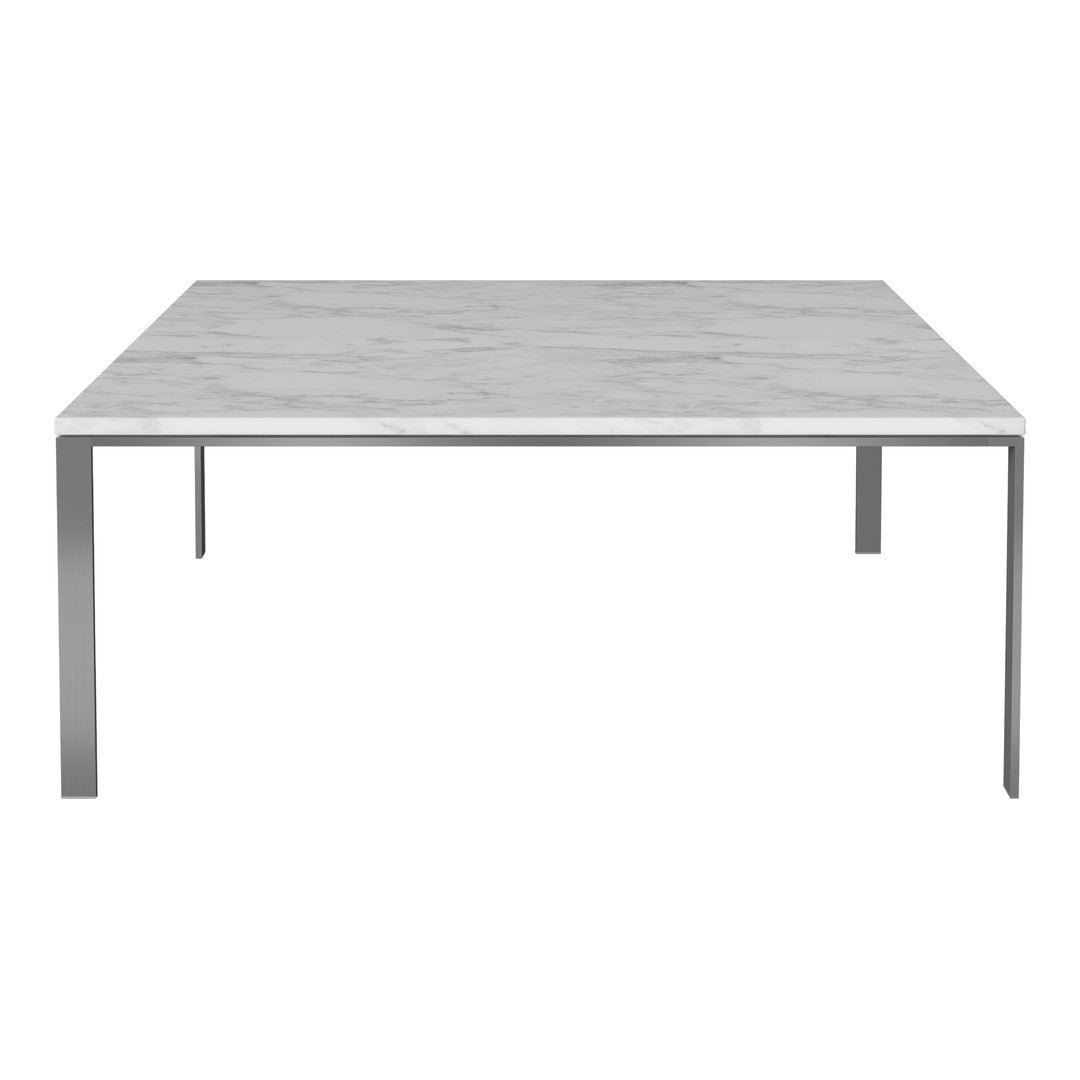Square marble dining table with a sleek white surface featuring subtle gray veining and a minimalist metal frame.