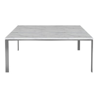 Square marble dining table with a sleek white surface featuring subtle gray veining and a minimalist metal frame.