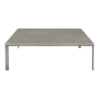 Gray concrete tabletop with sleek metal legs, featuring a minimalist design and smooth surface. Perfect for modern spaces.