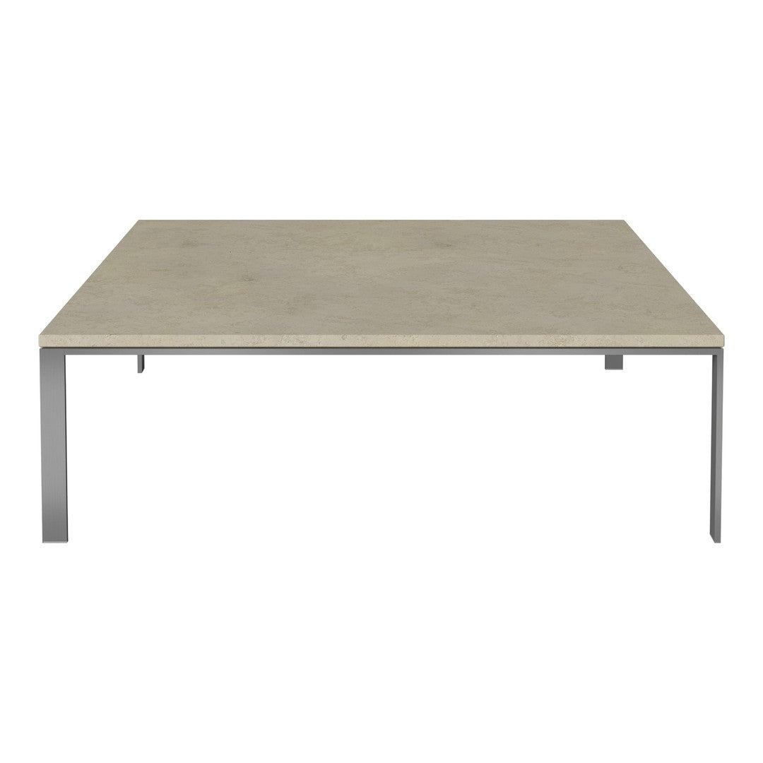 Light gray square coffee table with a smooth surface and sleek metallic legs, perfect for modern decor.