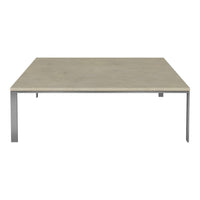 Light gray square coffee table with a smooth surface and sleek metallic legs, perfect for modern decor.
