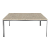 Square dining table with a light gray stone top and sleek silver metal legs, perfect for modern interiors.