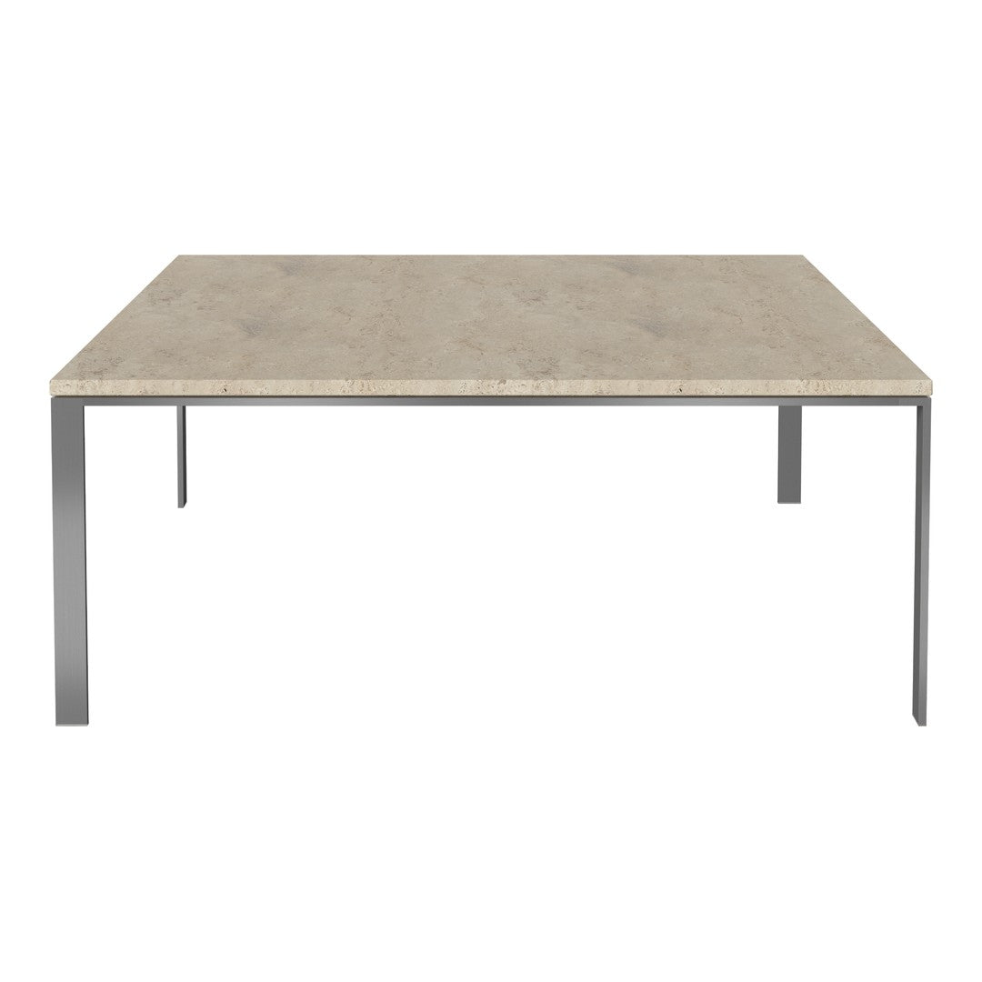 Neutral beige rectangular table with a minimalist gray metal frame, featuring a smooth textured surface.
