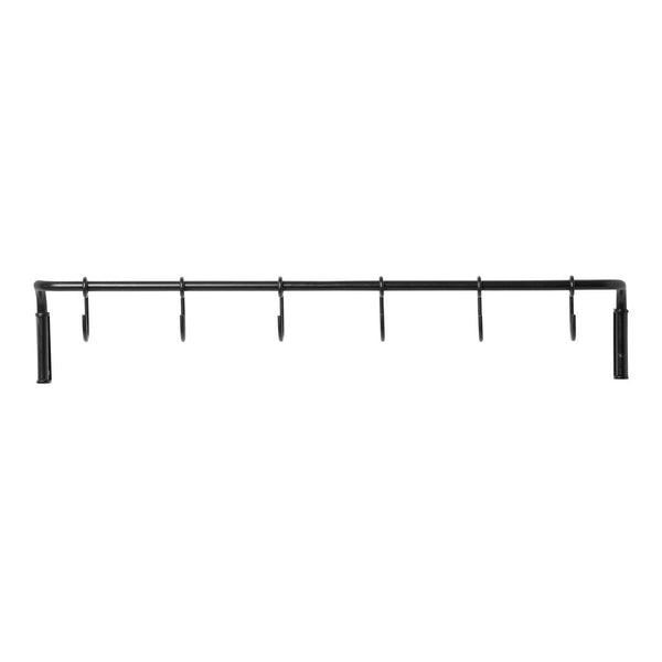 Black metal wall hook rack with a sleek, minimalist design and evenly spaced hooks. Perfect for organizing accessories.