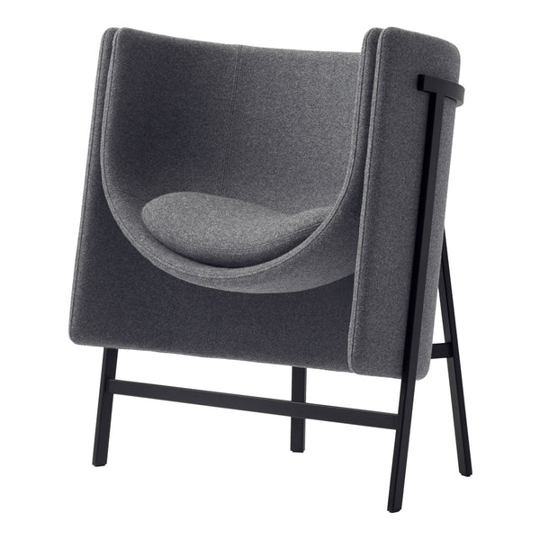 Cozy gray upholstered chair with smooth, curvy silhouette and sleek black metal legs for a modern touch.