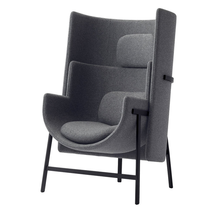 Gray upholstered chair with a modern design, featuring smooth textures and a sleek black metal frame.
