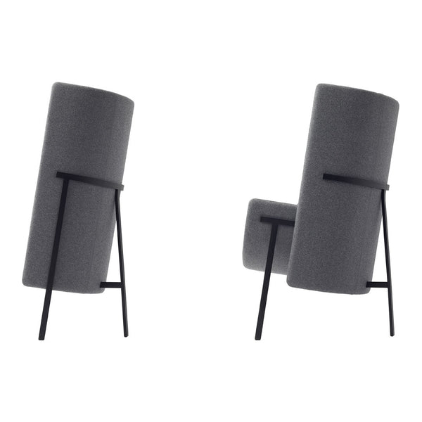 Gray upholstered chair with minimalist design, featuring a smooth surface and sleek black metal legs.