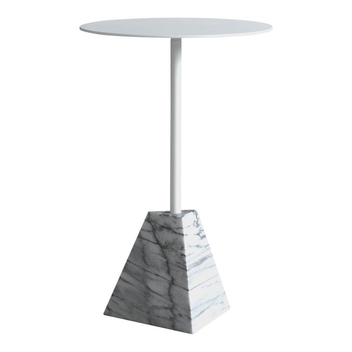 Round white tabletop with a sleek triangular gray marble base featuring subtle veining. Modern design for any decor.