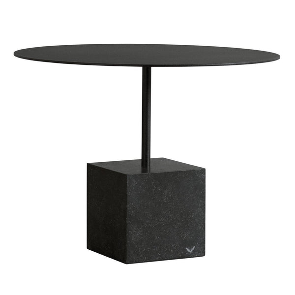Black round coffee table with a sleek, matte finish and a textured black cube base, perfect for modern decor.