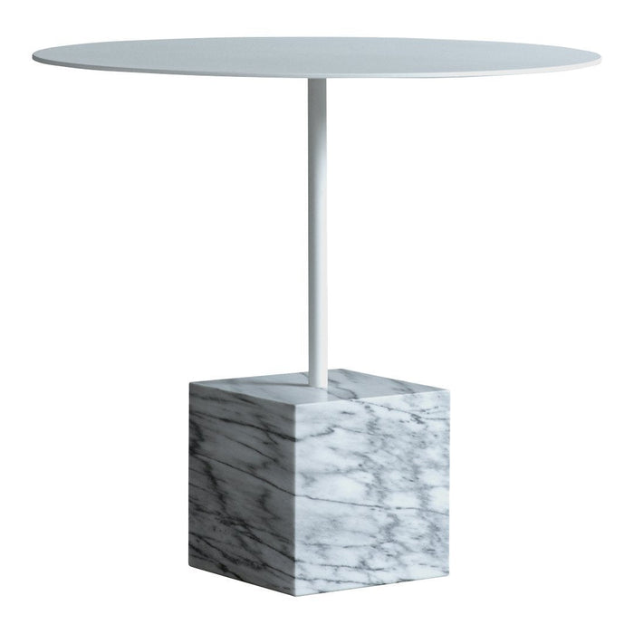 Modern round white table with a sleek marble-patterned base, perfect for stylish interiors.