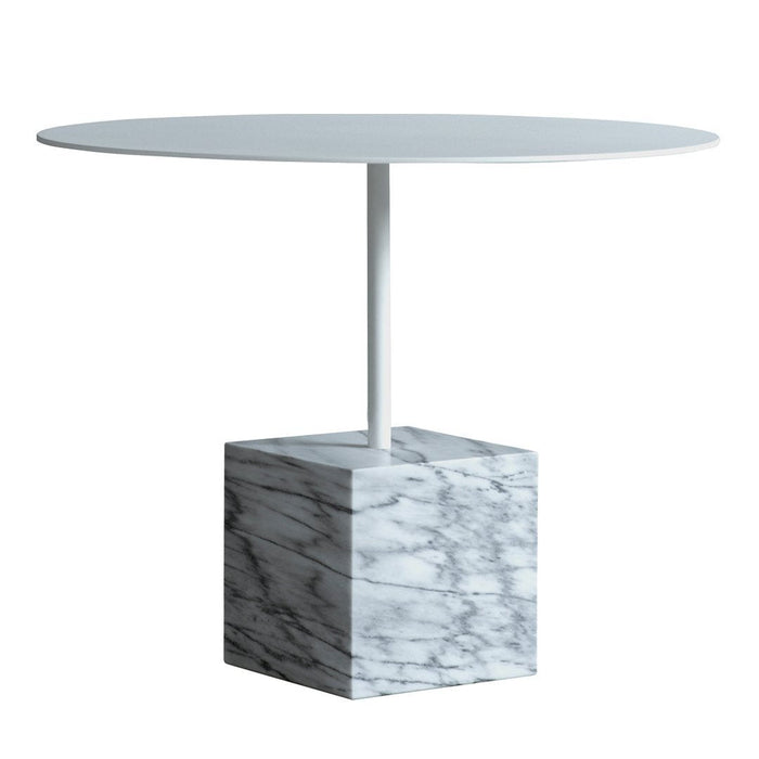 Round white table with a sleek, solid white top and a marbled gray and white base. Modern minimalist design.