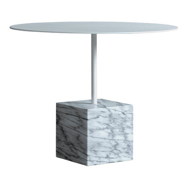 Modern round table with a sleek white top and stylish marble-patterned base in gray and white tones.