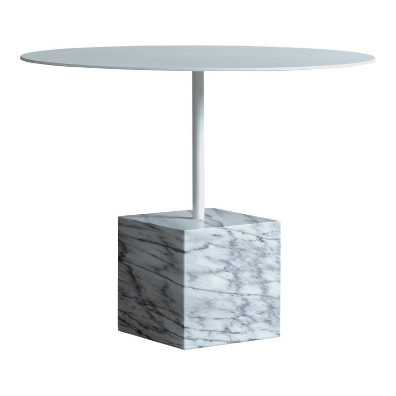 Modern round table with a sleek white top and stylish marble-patterned base in gray and white tones.