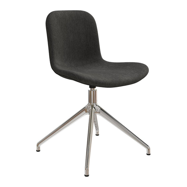 Stylish grey upholstered chair with a sleek chrome base and minimalist design, perfect for modern spaces.