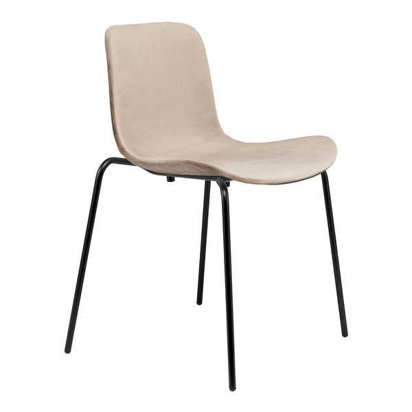 Beige velvet chair with sleek black metal legs, featuring a smooth, minimalist design. Perfect for modern decor.