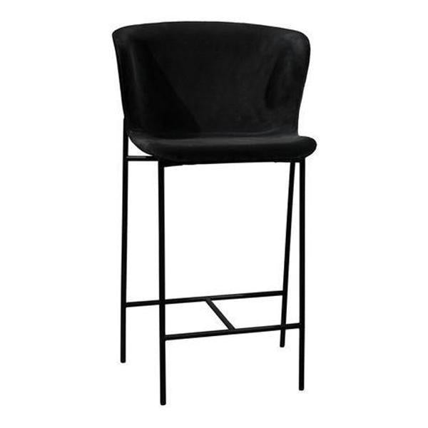 Black upholstered bar stool with a sleek black metal frame and minimalistic design. Perfect for modern decor.