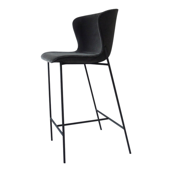 Modern black high chair with sleek curved design and minimalist black metal legs. Ideal for contemporary spaces.