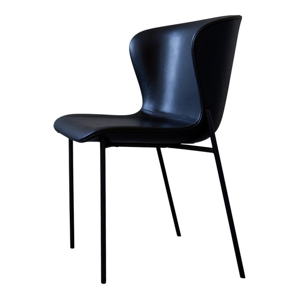 Black modern dining chair with a sleek curve and minimalist design, featuring a matte finish and slender black legs.
