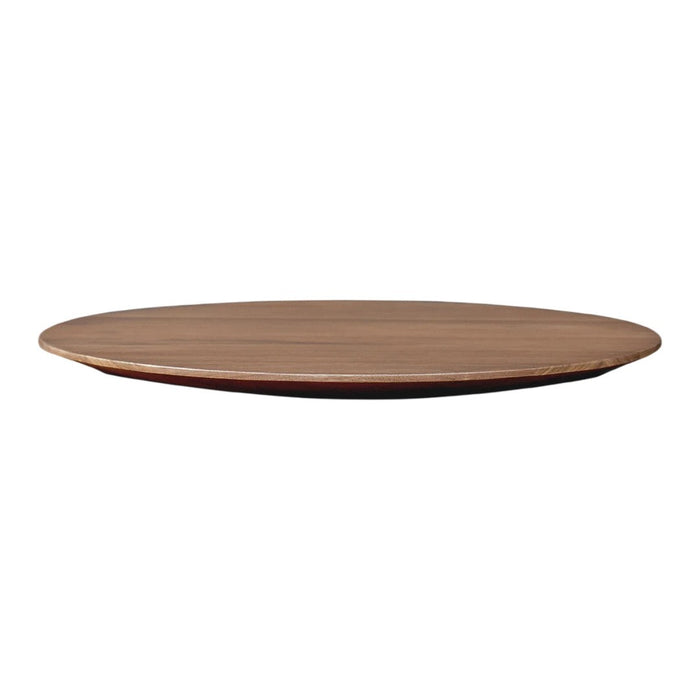 Round wooden serving platter with a smooth, natural finish and rich brown tones, perfect for dining or decoration.