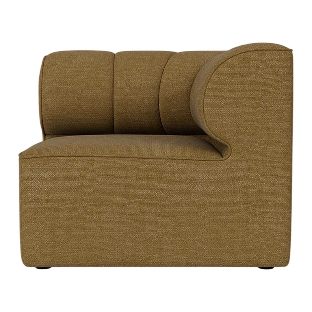 Brown upholstered chair with a textured, minimalist design and curved backrest.